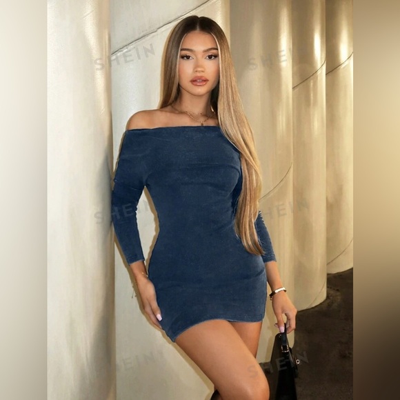 Navy Blue Off- Shoulder Mini Dress - Picture 3 of 3